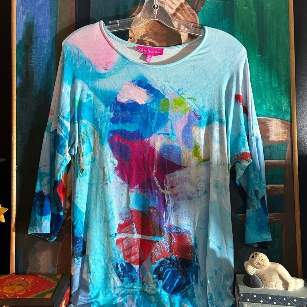 Claire Desjardins Watercolor Teal Pink Printed Top Size Small
